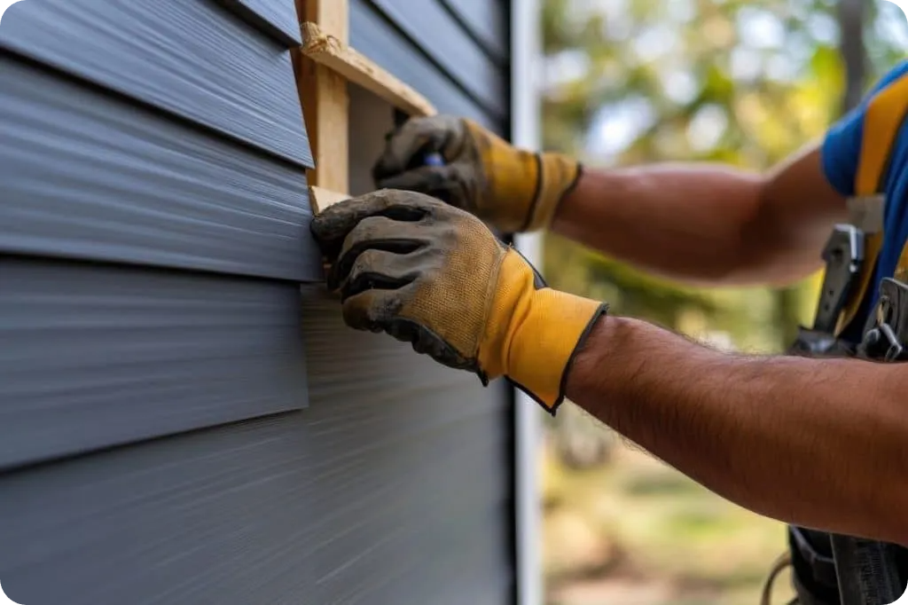 Urban Shield technician installing new siding on a home in Bloomington, Indiana to improve insulation and protection