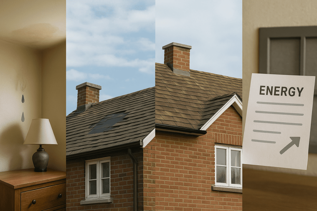 A graphic displaying the top 4 signs your roof needs repair: leaks, missing shingles, sagging roof deck, high energy bills