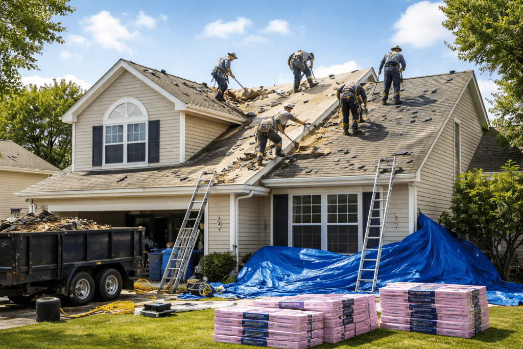 A roof replacement in progress in reference to the question of a roof repair vs replacement