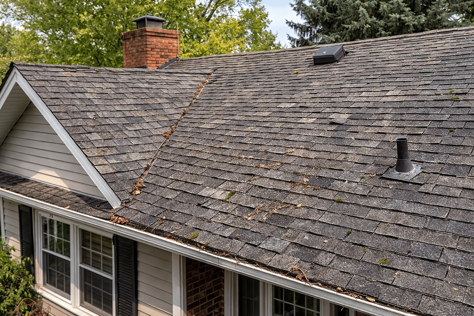 An older-looking residential roof in reference to the question "How long does a roof last?"