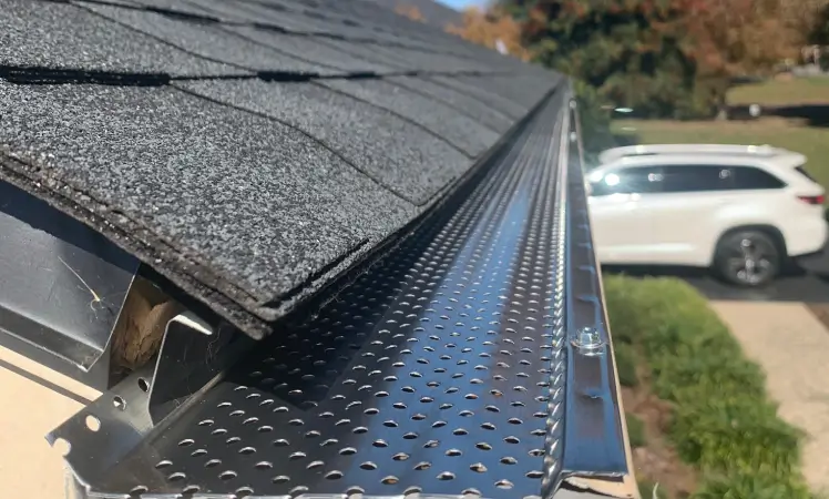 Close-up of gutter guard during roof inspection Close-up of gutter guard during roof inspection