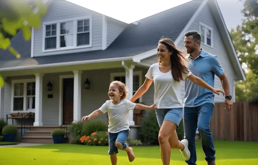 A happy family running in front of their home
