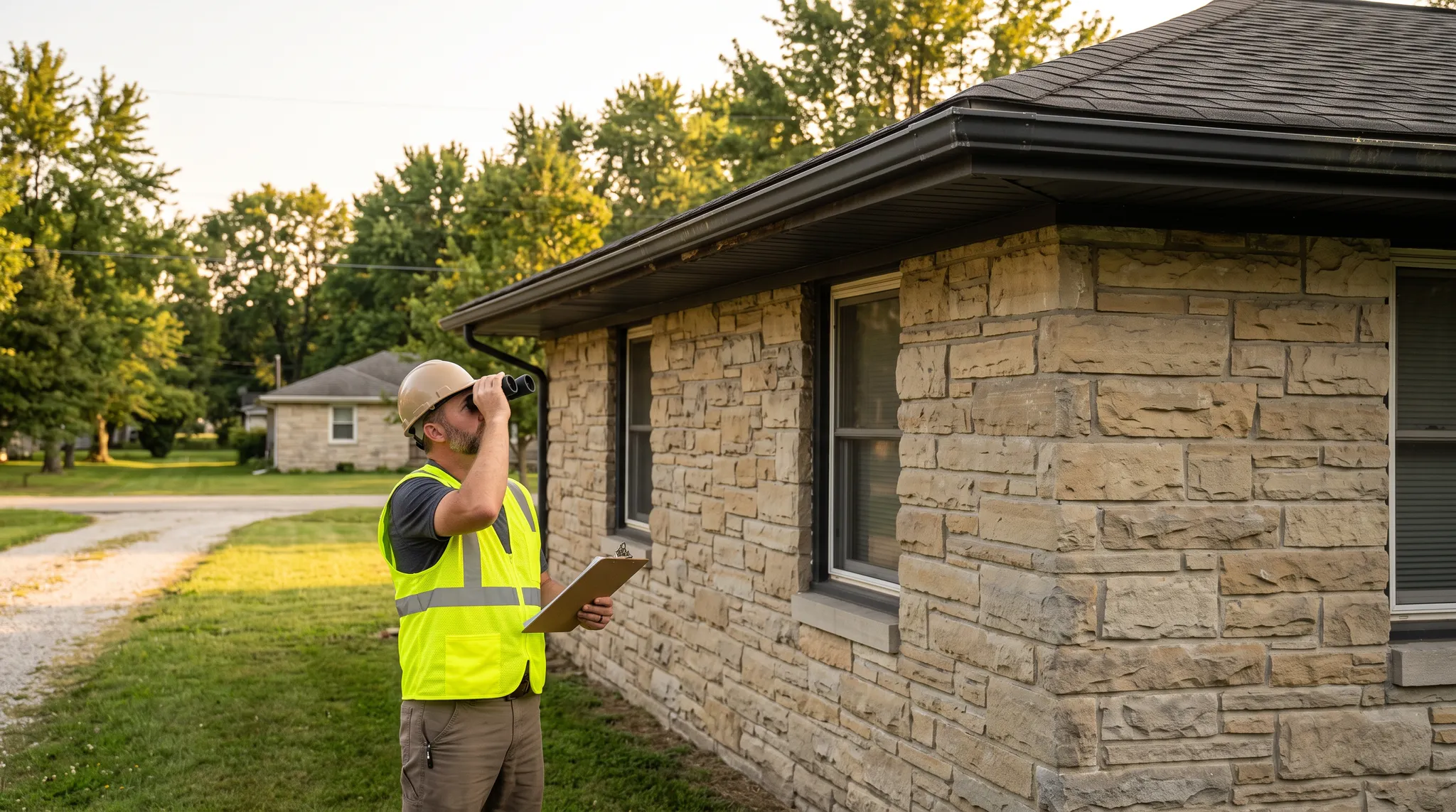 Roofing professional inspecting a Bedford limestone home Roofing professional inspecting a Bedford limestone home