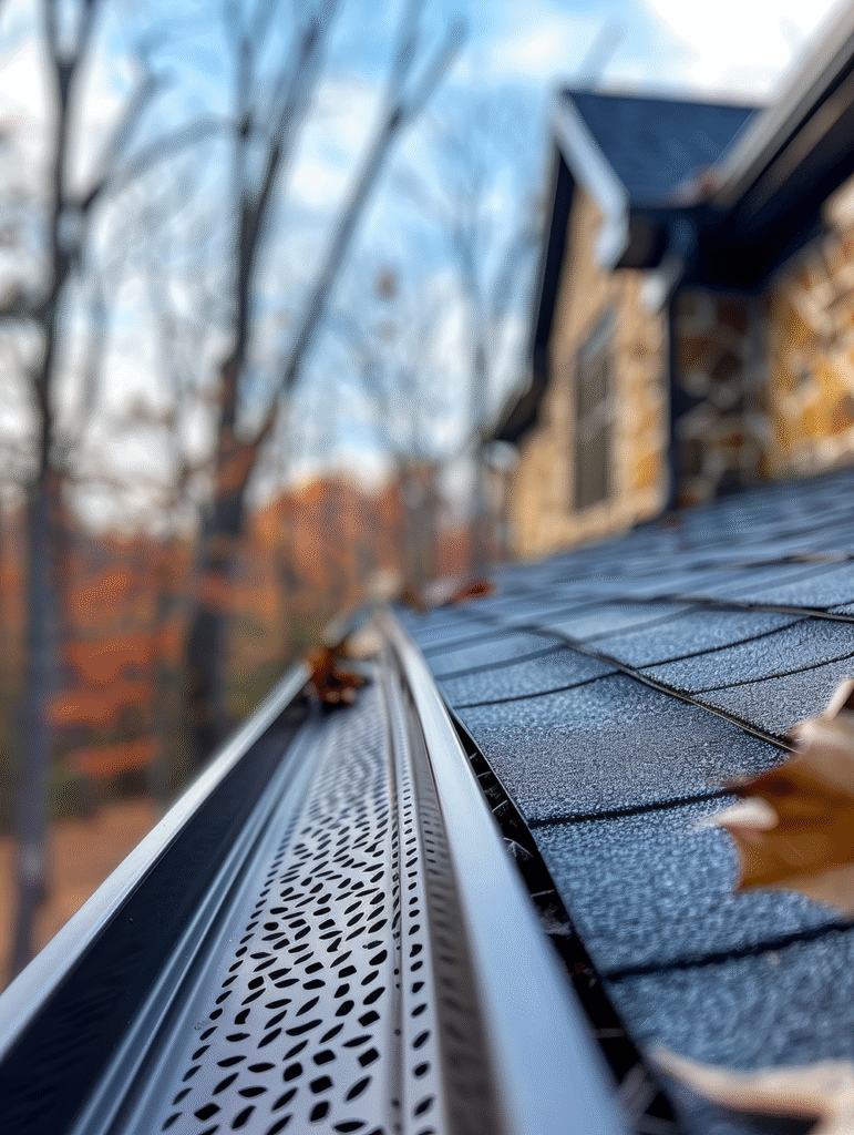 Leaf Guard AdobeStock_854151104 small Close-up of gutter guard installed by Urban Shield to block leaves and debris on a residential roof in Ellettsville, Indiana