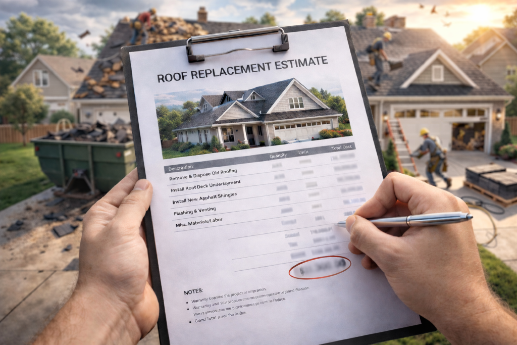 A roof replacement estimate displaying what is included in roof replacement quotes